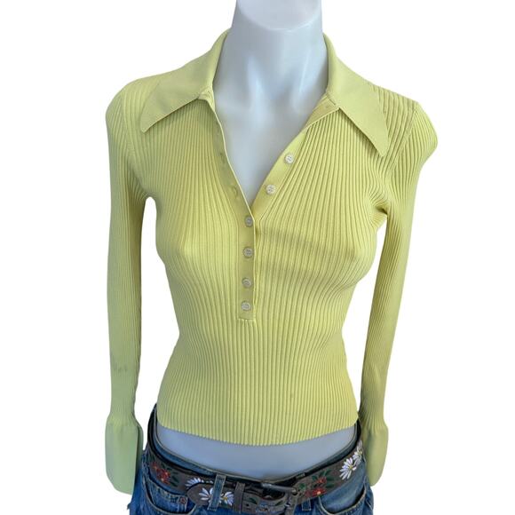 A.L.C. Lemon Yellow Ribbed Polo Sweater XS Bodycon Flared Sleeve Designer $325 - Picture 10 of 13